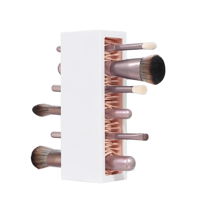 Makeup Brushes Holder Organizer, Silicone Vanity Air Drying Rack Display Storage for Brush, Eyeliners and More, Practical Cosmetic Tools Container (Pink-White)