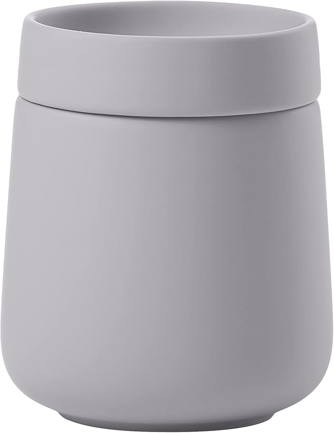 Zone Denmark Nova One Ceramic Storage Box with Lid for Bathroom Utensils such as Cotton Pads & Cotton Buds Diameter 3.3", Height 3.39", Capacity 290 ml,Gull Grey
