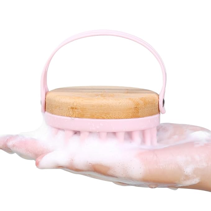 Bamboo Silicone Scalp Brush for Hair Washing – Gentle Shampoo Massager with Soft Bristles for Dandruff & Oil Care, Eco-Friendly Head Scrubber Comb for Deep Clean & Relaxing Shower (Pink)