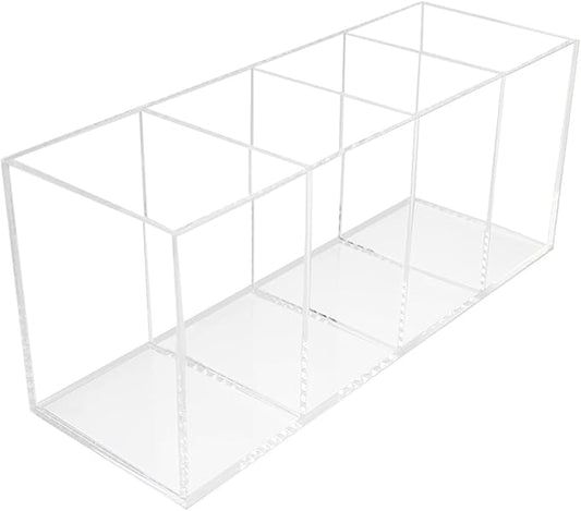 QPEY Extra Large Acrylic Pen Holder 4 Compartments,Clear Pen Holder Organizer Makeup Brush Holder for Office Desk Accessories,Cosmetic Brush Storage Box,Dorm,Bathroom,Kitchen (Clear)