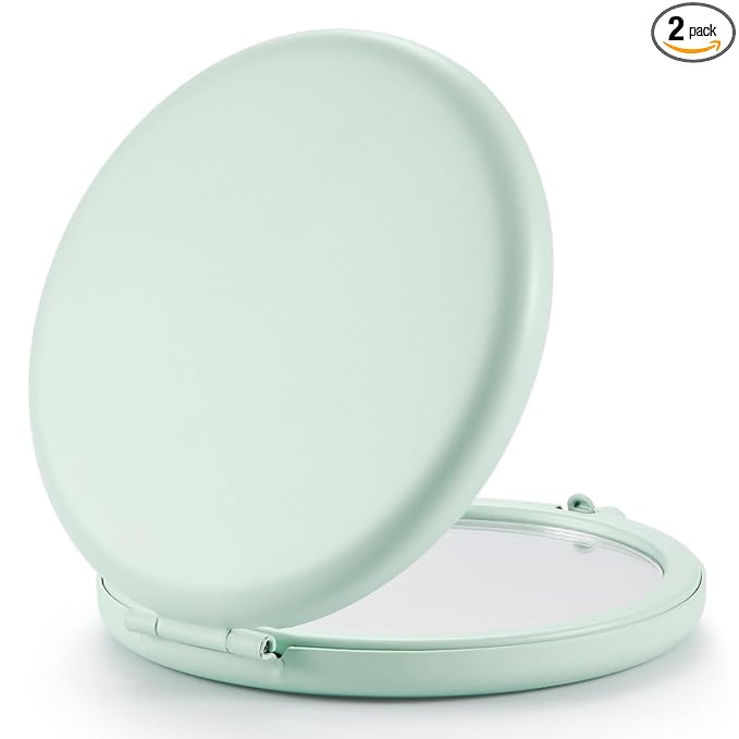 Compact Mirror for Purse, Set of 2 Double-Sided 1X/2X Magnifying Metal Pocket Makeup Mirrors(Round, Cyan)