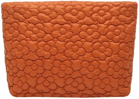 Puffy Quilted Makeup Bag for Women, Cosmetic Bag, Travel Toiletry Organizer Pouch Clutch (Orange Flowers)