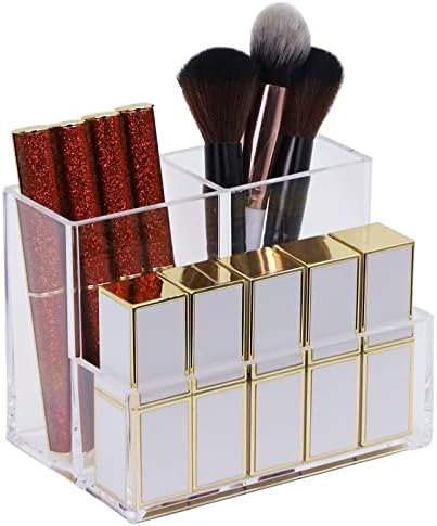 KW Collection Acrylic Makeup Organizer Cosmetic Storage Makeup Display Case Makeup Brush Holder Lipstick Dispenser Canister Bathroom Container (5.1 x 3.5 x 3.9 in, 3 Partitions, Transparent)