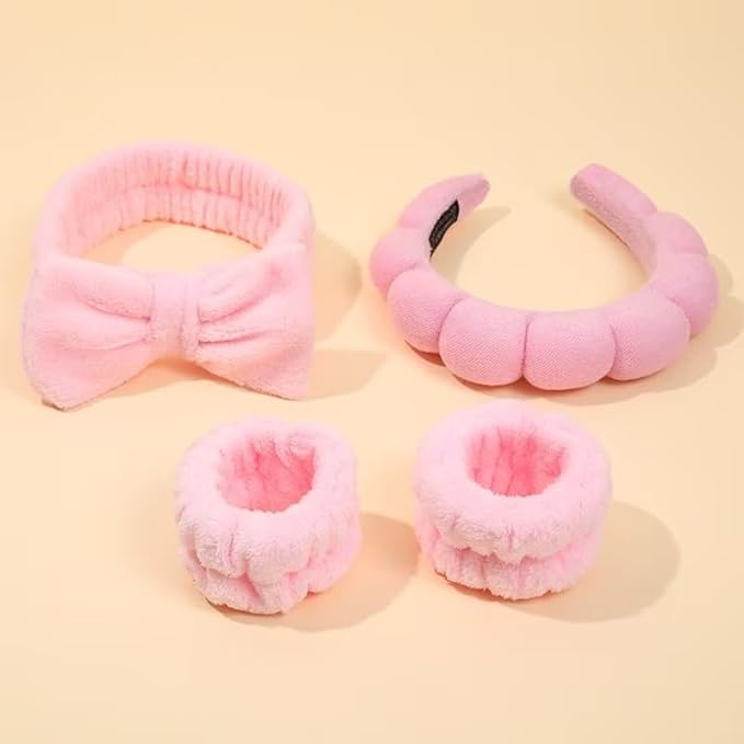 Spa Headband and Wristband Set for Women,Terry Cloth Sponge Headband for Washing Face,Makeup,Facial Mask and Skincare (Pink (4pcs), One Size)