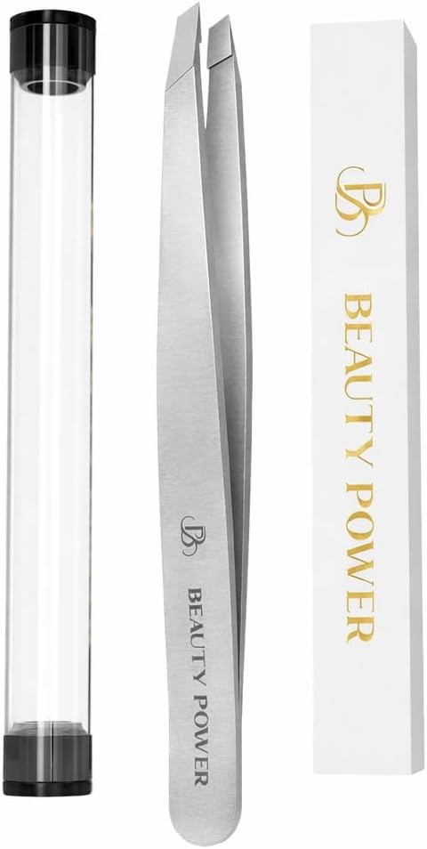 Beauty Power Ultra-Precision Professional Slant Tweezers for Women Facial Hair - German Stainless Steel, Lightweight Black Tweezers for Women & Men, Ideal for Eyebrow & Facial Grooming (Matte Gray)