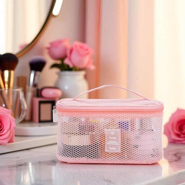 Mesh Makeup Bag, Breathable Cosmetic Bags with Zipper, Travel Lightweight Make Up Organizer Mesh, Toiletry Bag with Handle for Women Girls Gift, Pink