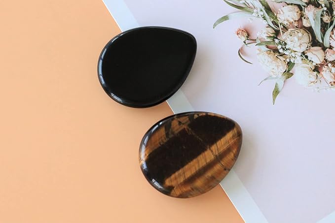 2PCS Thumb Worry Stone Tiger's Eye Obsidian Healing Crystals Sets Hand Carved Stones Gemstone Pocket Natural Stone Meditation Reiki Water Drop Shaped Palm Stone for Anxiety Therapy