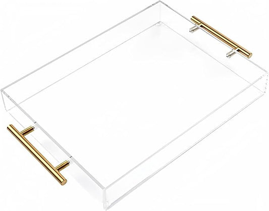 12"x12" Clear Acrylic Serving Tray with Golden Handles, Sturdy Huge Capacity Acrylic Trays for Coffee, Juice, Kitchen and Desk Organizer, Storage Tray (12"x12")