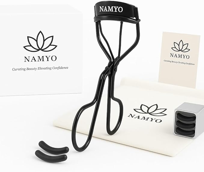 Premium Eyelash Curler Black Edition - Makeup Eyelash Tool with Lasting Lift. Holiday Gift Ready Packaging with Satin Bag. 10 Silicone Refill Pads. Travel Ready. Soft Grip.