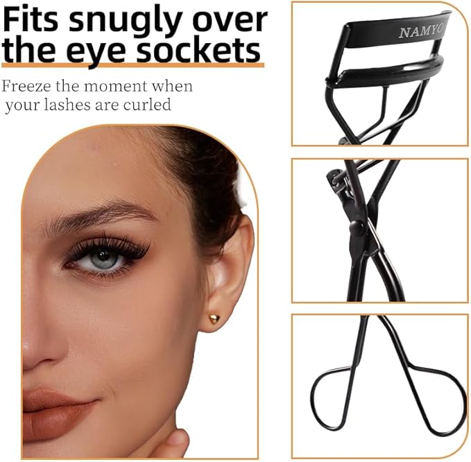 Premium Eyelash Curler Black Edition - Makeup Eyelash Tool with Lasting Lift. Holiday Gift Ready Packaging with Satin Bag. 10 Silicone Refill Pads. Travel Ready. Soft Grip.