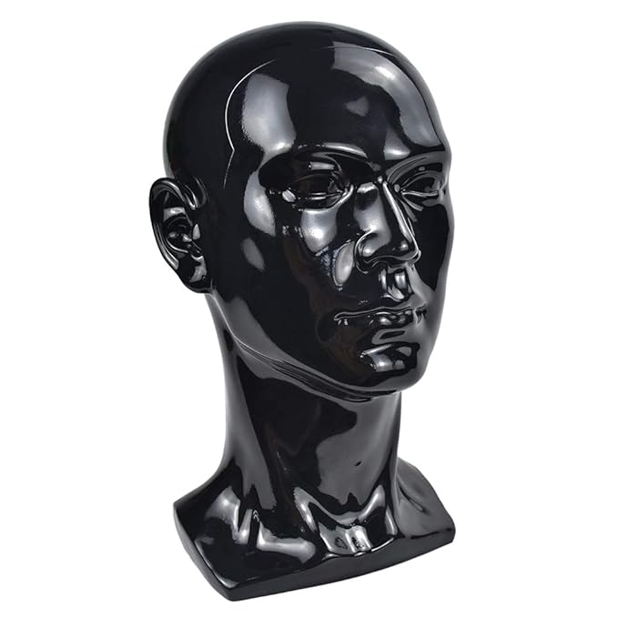 PVC Bright Black Mannequin Head Professional Cosmetology Male Mannequin Head Display Head Stand for Wigs Head for Display Wigs Hair Glases Hat Headset Display Stand(L30-Bright Black)