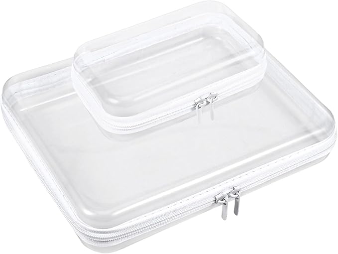 2 Pcs Clear Hard Shell Zipper Case, Clear Zipper Pouches Hard Shell, Portable Waterproof Plastic Transparent Storage Box Set with Double Zips for Cosmetic Stationery Snack Toy Storage Organizer Bins
