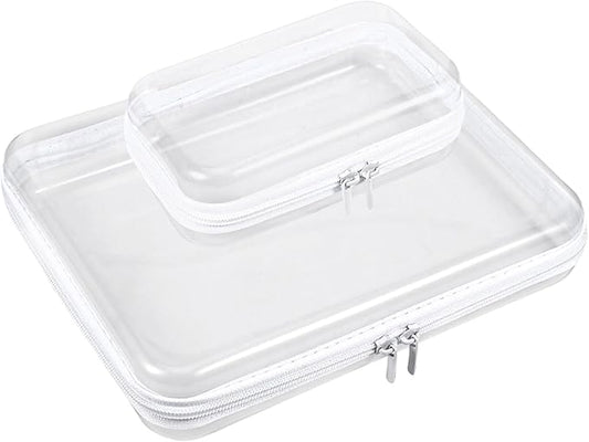 2 Pcs Clear Hard Shell Zipper Case, Clear Zipper Pouches Hard Shell, Portable Waterproof Plastic Transparent Storage Box Set with Double Zips for Cosmetic Stationery Snack Toy Storage Organizer Bins