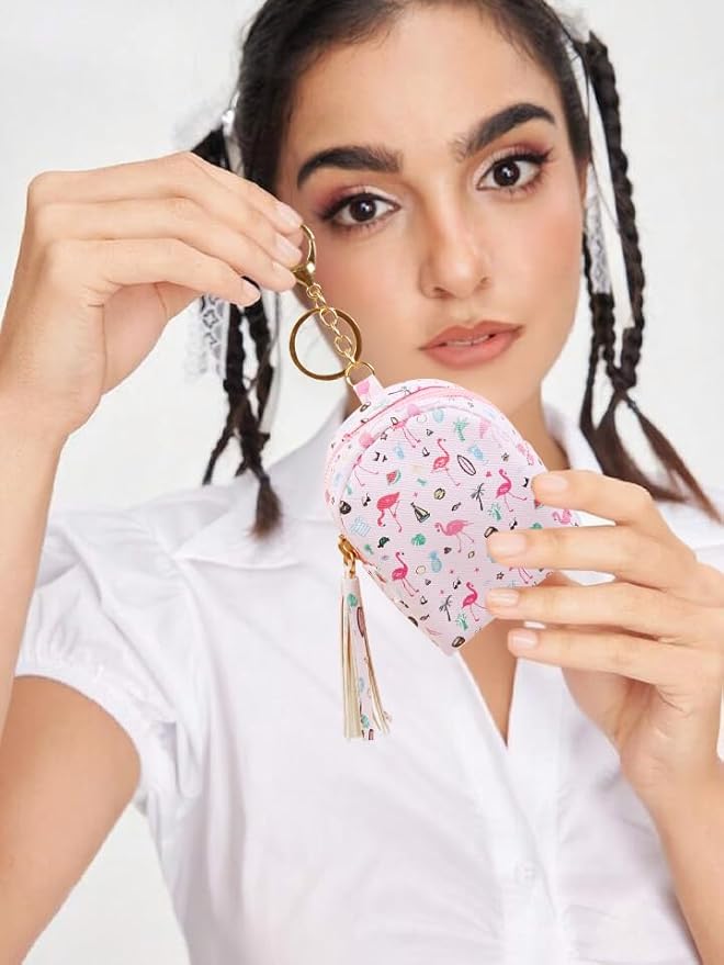 4Pcs Mini Backpack Keychain,Cute Cosmetic Bag for Women,PU Leather Makeup Bag Key Pocket Lipstick Bag Card Holder Data Cable Organizer Zipper Pouch (Flamingo gifts)