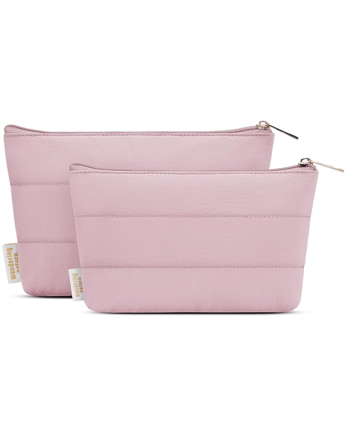 Wandering Nature Small Makeup Bag 2 Pack Cosmetic Bag for Purse, Puffer Quilted Makeup Pouch, Cute Travel Pouch with Zipper for Women, Baby Pink