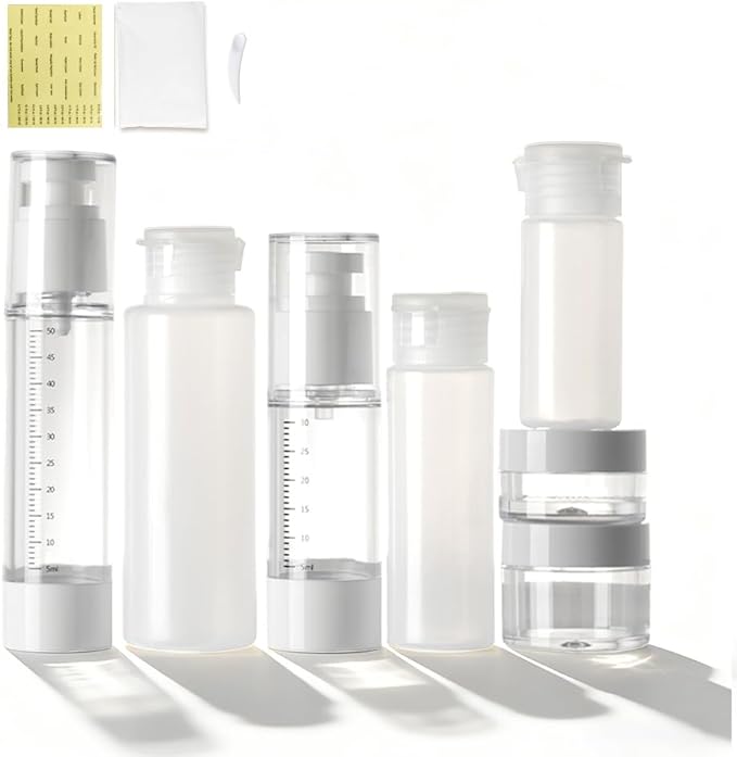 7 Pcs Travel Bottles Kits, TSA Approved Leak Proof Toiletry Container Set, Graduated Vaccumn atomizer and Lotion Bottle, Squeeze Bottle, Transparent Cream Jar, for Shampoo Lotion Cream Cosmetic