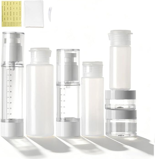 7 Pcs Travel Bottles Kits, TSA Approved Leak Proof Toiletry Container Set, Graduated Vaccumn atomizer and Lotion Bottle, Squeeze Bottle, Transparent Cream Jar, for Shampoo Lotion Cream Cosmetic