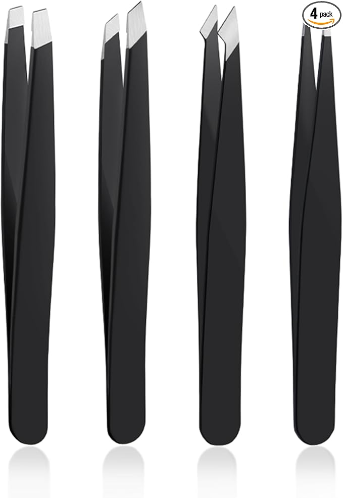 4 PCS Stainless Steel Tweezers Set – Precision Tweezers for Ingrown Hair, Facial Hair, Splinter, Blackhead and Tick Remover