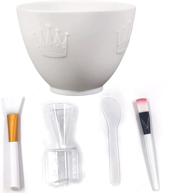Silicone Face Mask Mixing Bowl Set, DIY Facemask Mixing Tool Kit with Silicone Mask Bowl, Facial Mask Brush, Bowl Stick Spatula, Face Mask Applicator, Measuring Cup (5 PCS＆White)