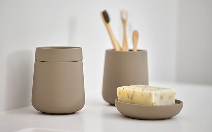 Zone Denmark Nova One Ceramic Storage Box with Lid for Bathroom Utensils Such as Cotton Pads & Cotton Buds Diameter 3.3", Height 3.39", Capacity 290 ml,Taupe