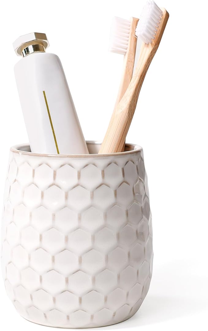 Toothbrush Holder, Tooth Brush Holder for Bathroom - Ceramic Toothbrush Cup White Toothbrush Holders Countertop, Makeup Brush Holder Pen Holder, 3.62" x 3.62" x 3.93", ANTIS'S HOME
