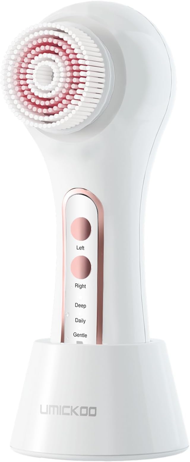 UMICKOO Face Scrubber Exfoliator, Rechargeable Facial Cleansing Brush with 2-Way Rotation & 3 Modes, 30-Day Runtime, 5 Brush Heads for SPA-Level Care, IPX7 Waterproof, Deep Cleaning for All Skin Types