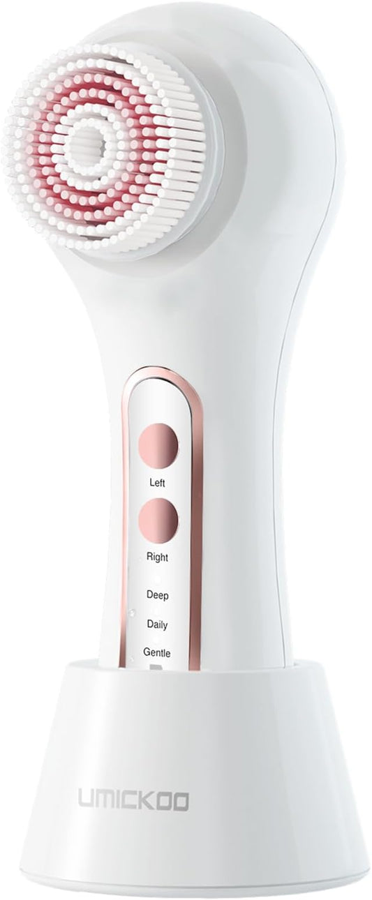 UMICKOO Face Scrubber Exfoliator, Rechargeable Facial Cleansing Brush with 2-Way Rotation & 3 Modes, 30-Day Runtime, 5 Brush Heads for SPA-Level Care, IPX7 Waterproof, Deep Cleaning for All Skin Types