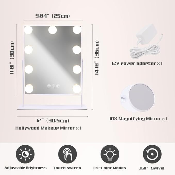 COOLJEEN Vanity Mirror with Lights, 9 Led Bulbs Lighted Makeup Mirror with Detachable 10X Magnification Mirror, Hollywood Mirror 3 Color Lights Tabletop Makeup Mirror, 360°Rotation