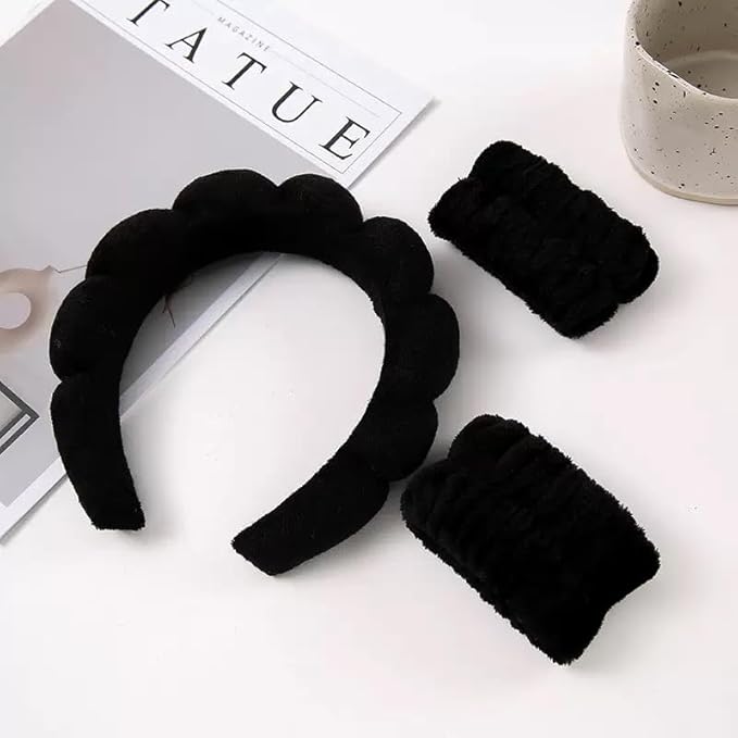 Spa Headband and Wristband Set for Women,Terry Cloth Sponge Headband for Washing Face,Makeup,Facial Mask and Skincare (Black,Blue, One Size)