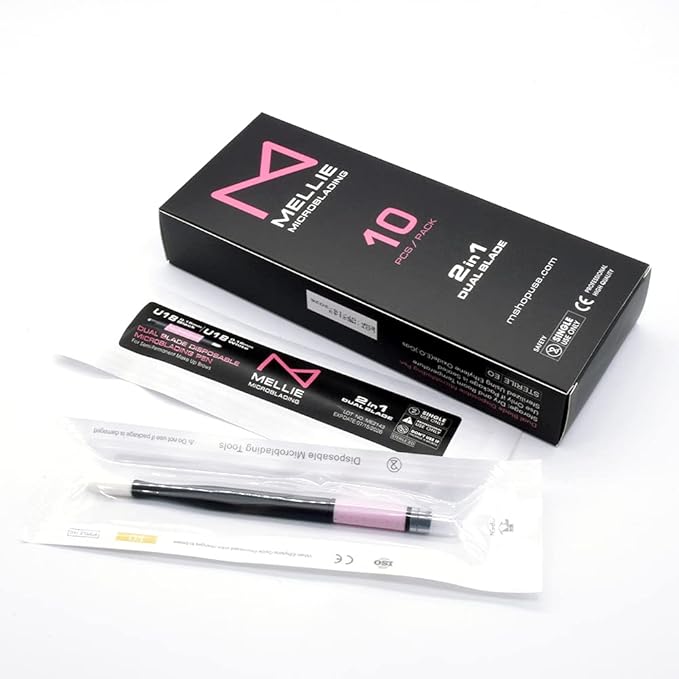 ACK OF 10 Mellie Microblading Disposable Pen 2 IN 1 - Sterilized Blade & Shade - Comfortable Silicone Grip With Pigment Sponge Microblade Best Eyebrow Supplies Kit (U18 NANO/U18)
