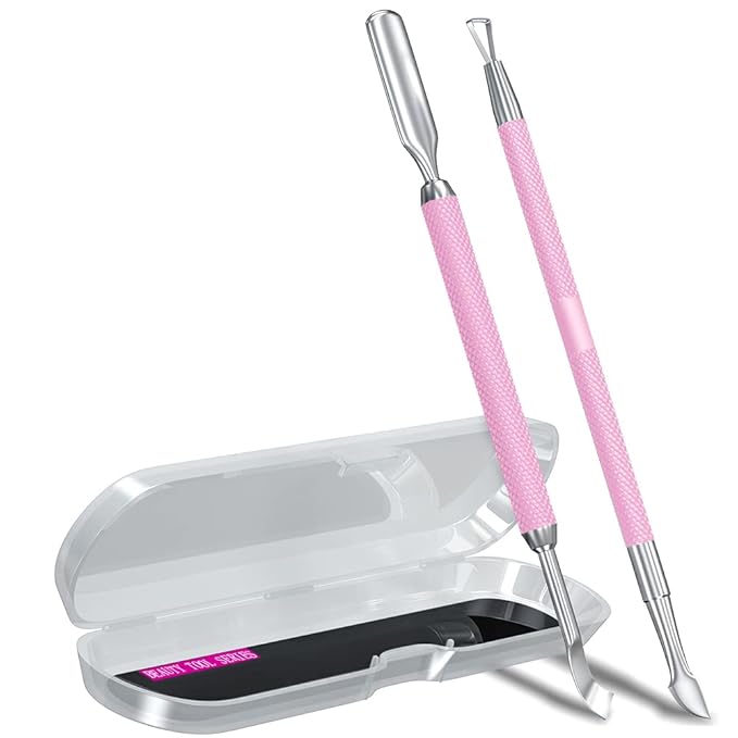 2PCS Metal Mauve/Pink Purple Cuticle Pusher and Cutter Remover Salon Quality Stainless Steel Gel Nail Polish Peeler Scraper Durable Manicure and Pedicure Cleaner Tool For Fingernail and Toenail