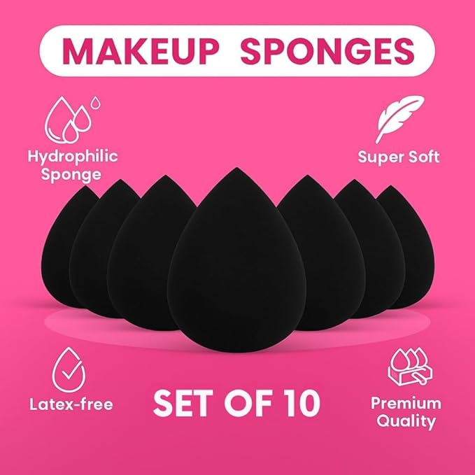 10 Pack Makeup Sponges for Foundation Blending Reusable Beauty Applicators for Liquid Cream and Powder Water Drop Design Latex Free and Fragrance Free