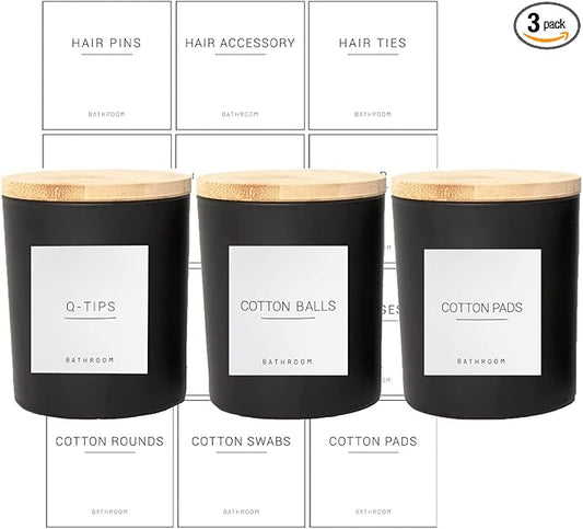 3PCS Modern 13.53oz Black Bathroom Canisters with 12 Labels & Wooden Lid Thick Glass Jar Set Qtip Holder for Cotton Ball & Pads Storage Organization Minimalist Decor