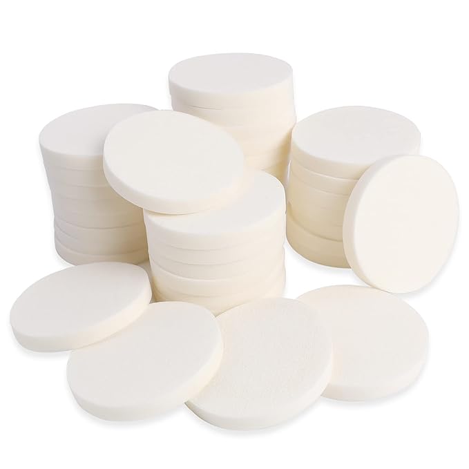 50 Pieces White Round Makeup Sponge Facial Powder Puff Cosmetic Sponge Round Foam Pad Makeup Eye Face Foundation Powder for All Skin Types, Wet and Dry Dual Use