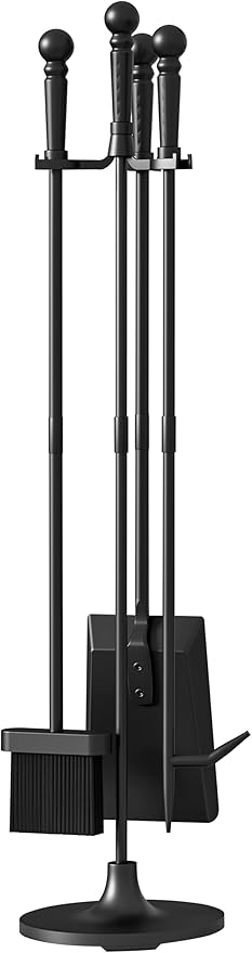 Fire Beauty Fireplace Tools Set 4 Pieces Black Wrought Iron Fire Tool Set for Outdoor/Indoor Include Poker, Shovel, Brush and Stand Accessories Set