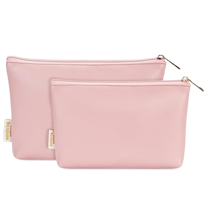 Wandering Nature Makeup Bag Small Cosmetic Bag for Purse 2 Pack Small Make Up Pouch Vegan Leather Cute Travel Pouch with Zipper for Women, Pink