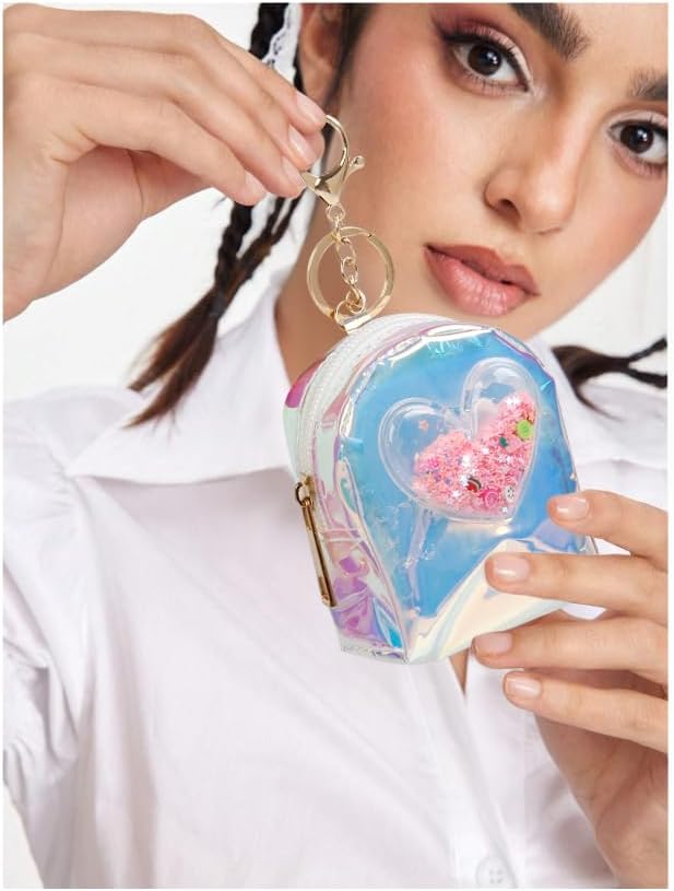 4Pcs Mini Backpack Keychain,Cute Cosmetic Bag for Women,TPU Clear Makeup Bag Key Pocket Lipstick Bag Card Holder Data Cable Organizer Zipper Pouch (Heart Crown Bow Star)