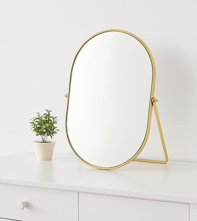 Feyarl Champagne Gold Oval Vanity Mirror 12x8 Inch Vertical Tabletop Makeup Mirror Decorative Standing Cosmetic Mirror for Bedroom Bathroom Desk Dresser