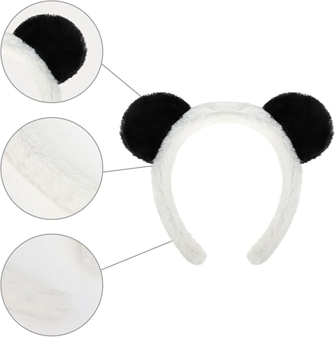 Panda Ears Plush Headbands - Cute Bear Costume for Women and Girls, Black and White Party Animal Accessories, Suitable for Spa, Skincare, and Makeup