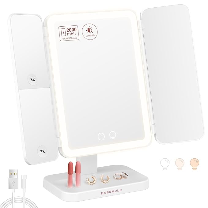 EASEHOLD Vanity Mirror with Lights, 2X 3X Magnification, Trifold, Rechargable, Touch Control - Gifts for Girls & Women
