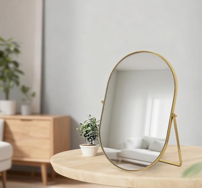 Feyarl Champagne Gold Oval Vanity Mirror 12x8 Inch Vertical Tabletop Makeup Mirror Decorative Standing Cosmetic Mirror for Bedroom Bathroom Desk Dresser
