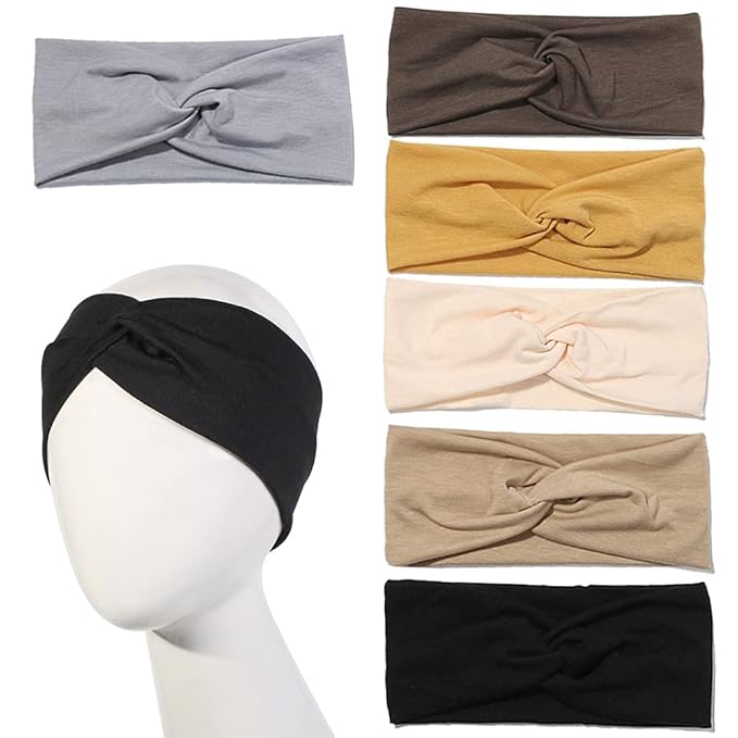 Artilady 6 Pack Wide Boho Headbands for Women - Soft Yoga Elastic Hair Bands for Girls Workout Running Sport Headwrap Non-slip Breathable (Solid)