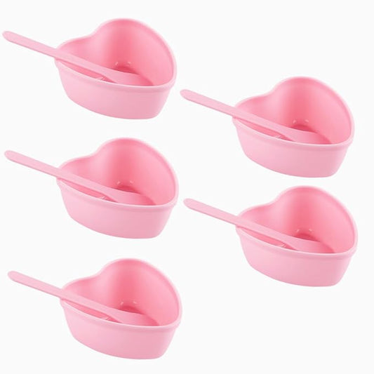 5 Pairs Pink Heart-shaped Plastic Facial Mask Mixing Bowls Set with Spatulas - DIY Skincare Mixing Tool Kit, Mud Masks, Home Salon, and Beauty Salon Use, Face Mask Applicator Tool(5Pcs)