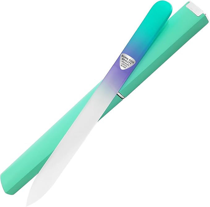 Bona Fide Beauty Czech Glass Nail File with Case, Pastel Green Violet Premium Crystal Nail File for Natural Nails. Nail Care Tool Gifts for Women