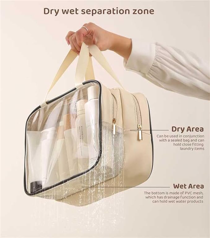 Large Travel Toiletry Bag with Dry Wet Separation– PVC Waterproof Wash Bag for Women, Clear & Matte shower bag for Gym, Overnight, Swimming, and Business Trips