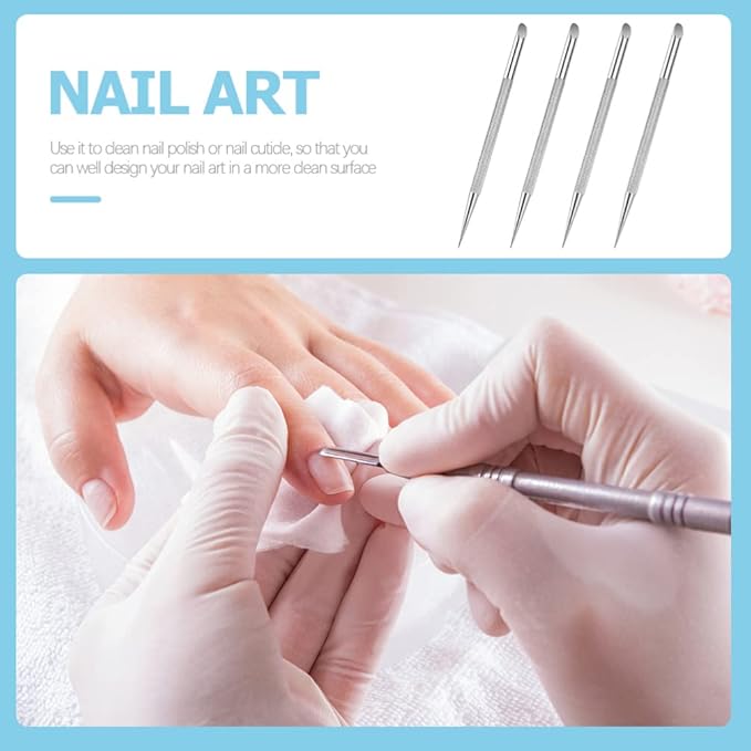 4pcs Stainless Steel Cuticle Pusher Nail Dotting Pen Metal Dead Skin Remover for Professional Manicure Pedicure Nail Art Care Tools