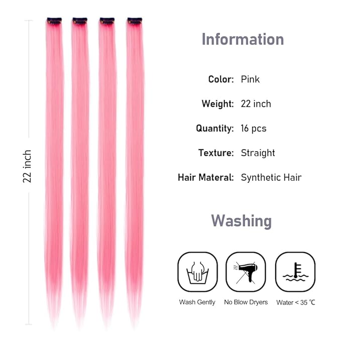 Colored Clip in Hair Extensions 20Inch Straight Syntactic Pink Color Hairpiece Rainbow Party Highlights for Women 16Pcs (Pink Ⅱ)