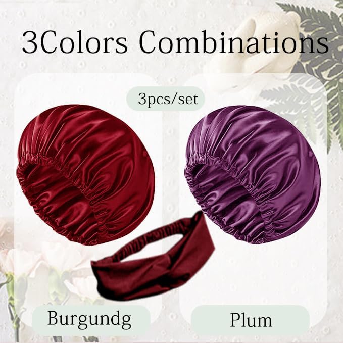 Hair Bonnets 3Pcs Satin Bonnet For Sleeping Silky Bonnets Womens Silk Bonnet Night Caps Curly Hair Sleep Cap For Women