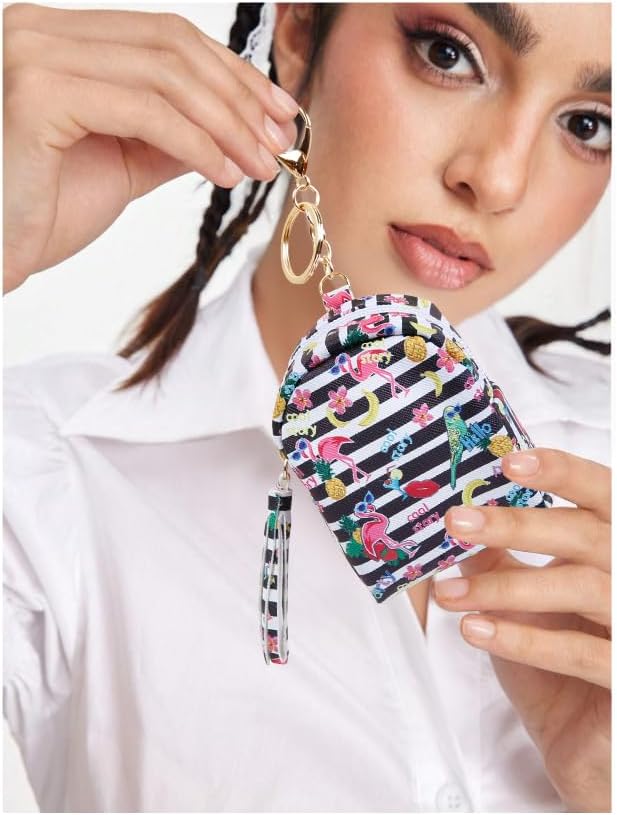 4Pcs Mini Backpack Keychain,Cute Cosmetic Bag for Women,PU Leather Makeup Bag Key Pocket Lipstick Bag Card Holder Data Cable Organizer Zipper Pouch (Flamingo gifts)