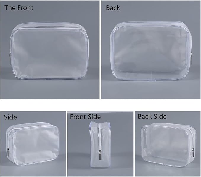 3 Pack Clear Plastic Zippered Toiletry Carry Pouch TSA Approved Toiletry Bag Portable Cosmetic Makeup Bag for Vacation, Bathroom and Organizing (White 3Pcs, Small/Large)